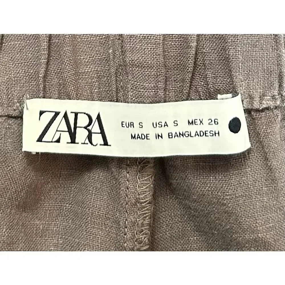 Zara Pure Linen Wide Leg Palazzo Pants Taupe Gray Size S